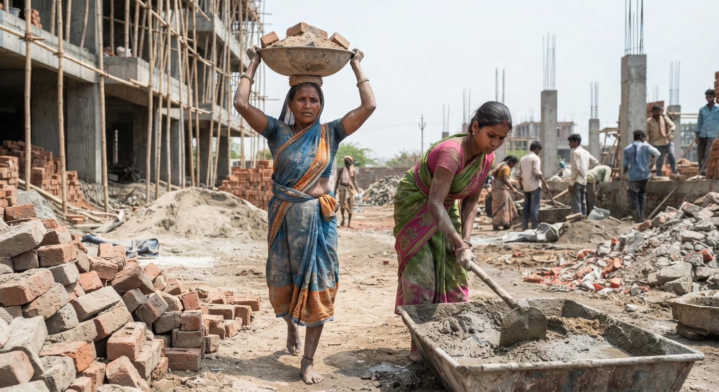 भारत में महिला निर्माण श्रमिक — निर्माण स्थल पर ईंटें ढोती महिलाएँ