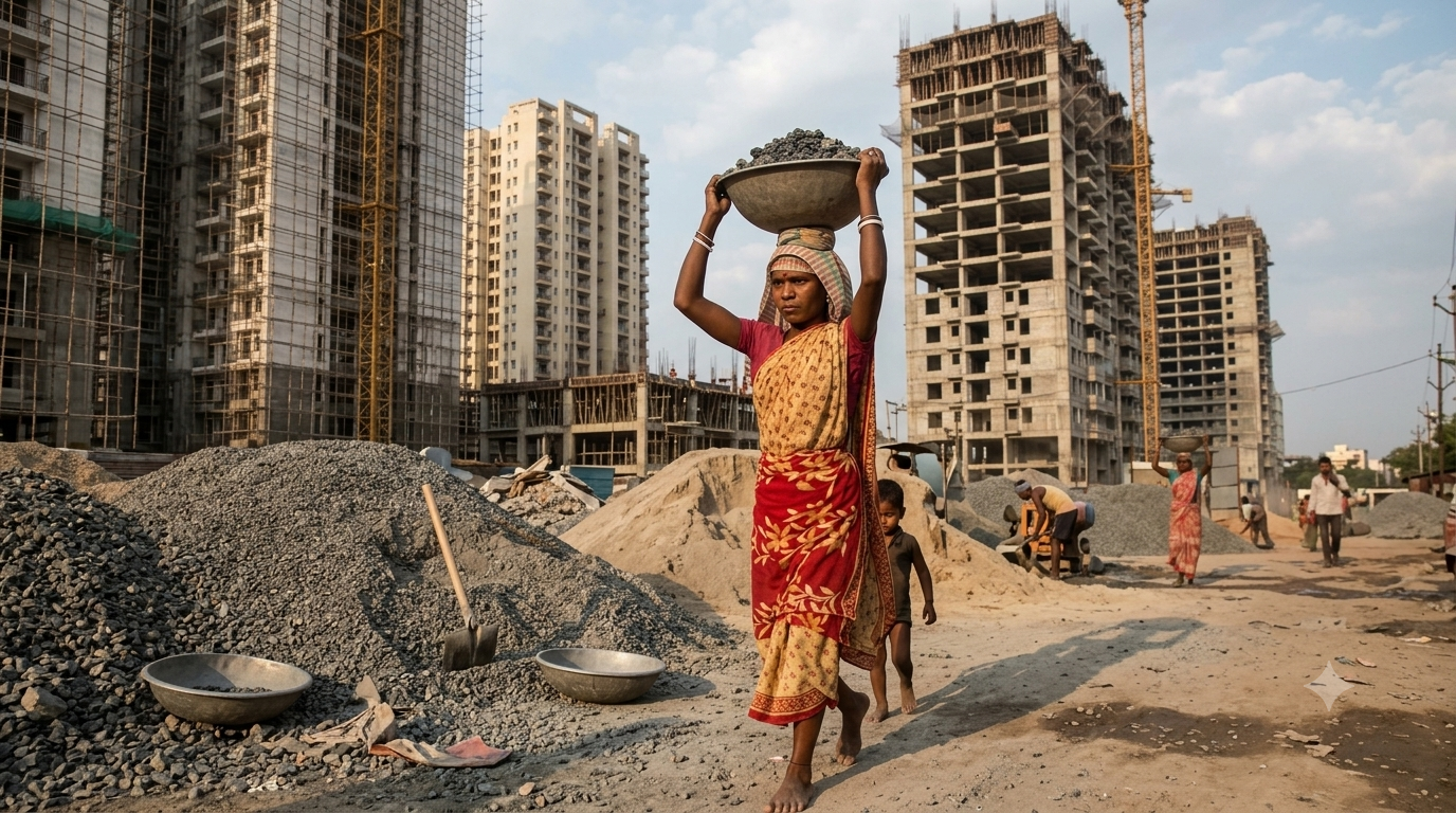Women construction workers in India carrying materials at a building site